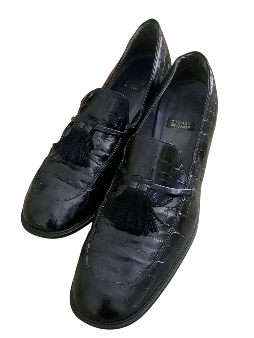 Vintage STUART WEITZMAN Black Croc Embossed Leather Loafers w/Tassels Sz 9 AA